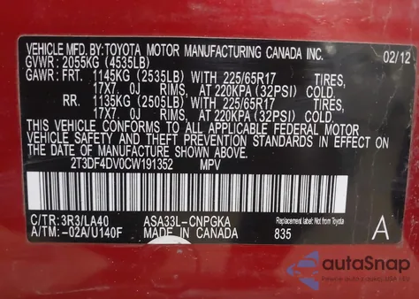 2012 Toyota Rav4 Limited from USA, damaged, VIN 2T3DF4DV0CW191352